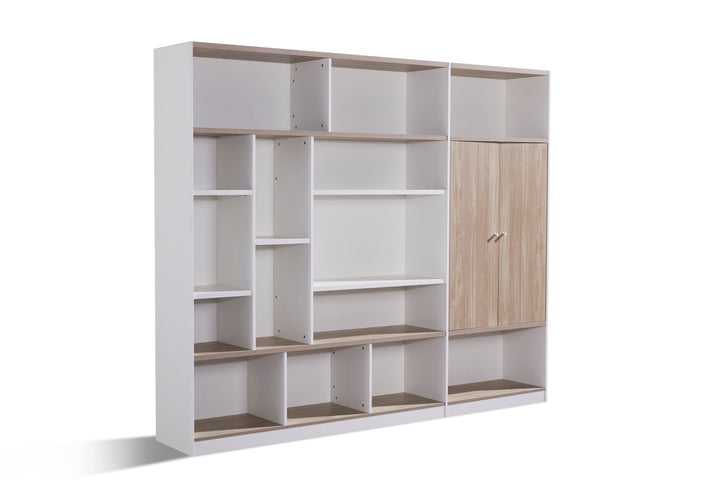 Nika White and Oak Plywood Bookshelf with Storage Cabinet