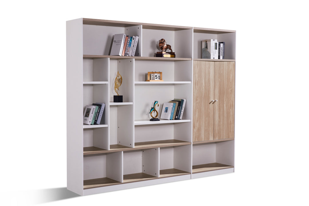 Nika White and Oak Plywood Bookshelf with Storage Cabinet