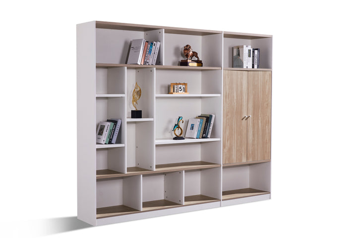 Nika White and Oak Plywood Bookshelf with Storage Cabinet