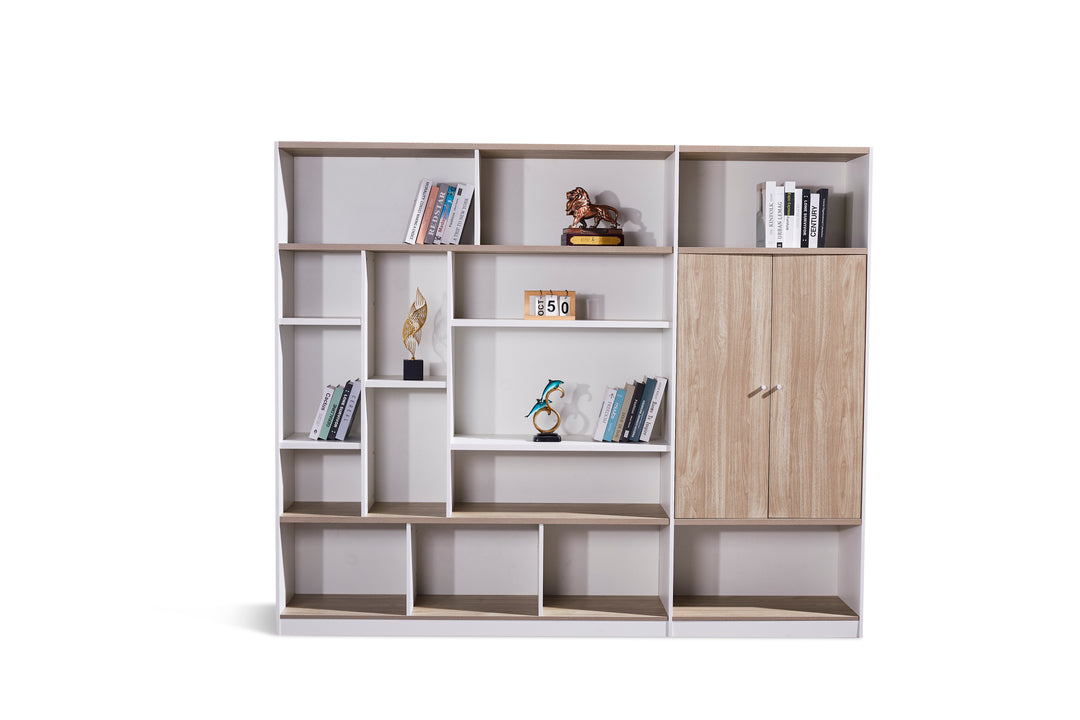 Nika White and Oak Plywood Bookshelf with Storage Cabinet