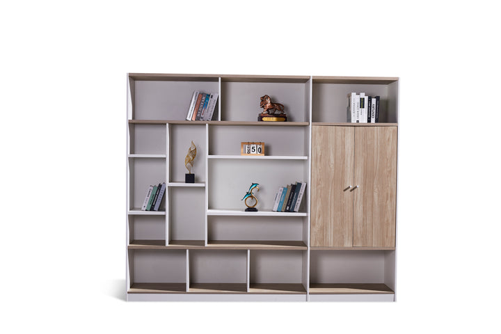 Nika White and Oak Plywood Bookshelf with Storage Cabinet