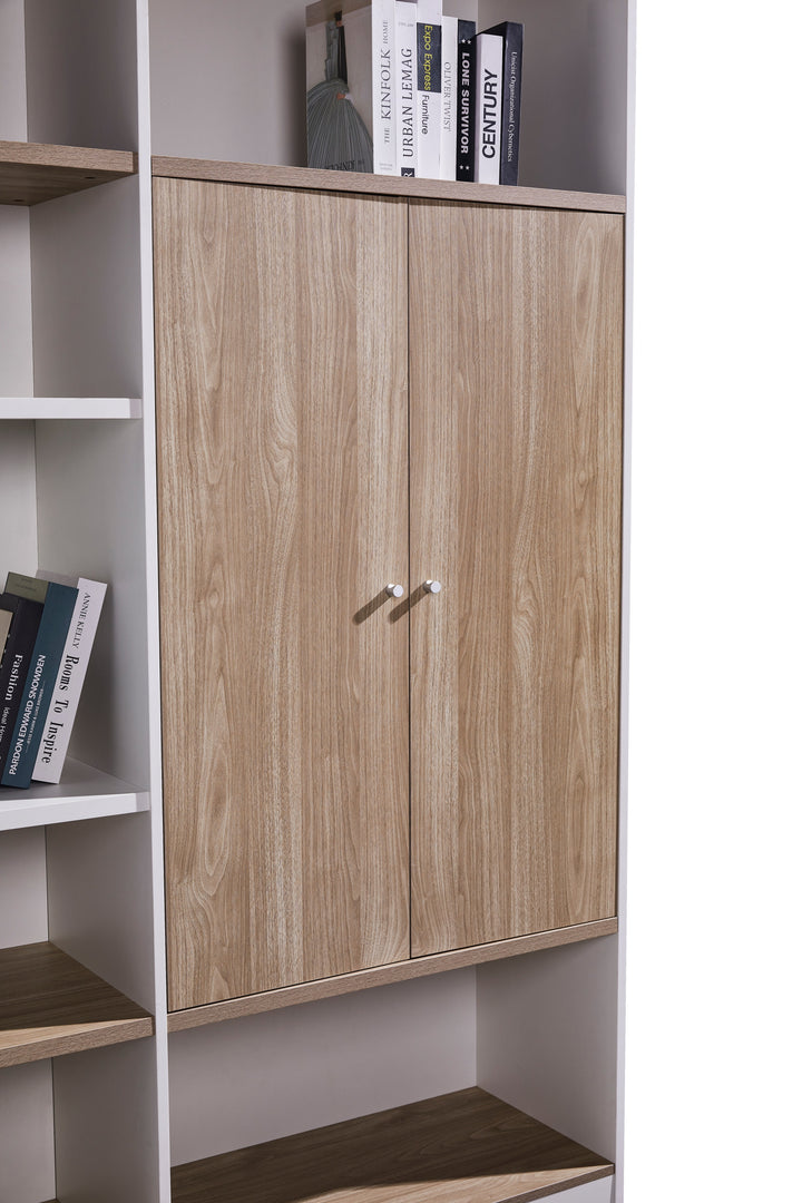 Nika White and Oak Plywood Bookshelf with Storage Cabinet