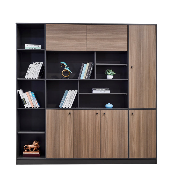 Teak Grey with Black accents PlyWood Bookshelf with Storage Cabinet – Modern Shelving Unit