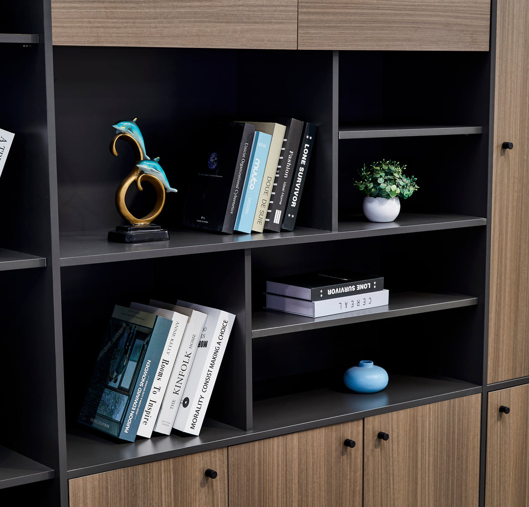 Teak Grey with Black accents PlyWood Bookshelf with Storage Cabinet – Modern Shelving Unit