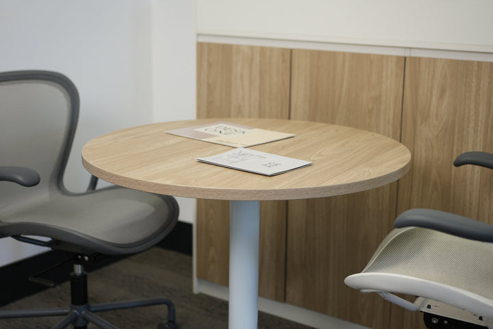 Round Oak Plywood Cafe Table with White Metal Base