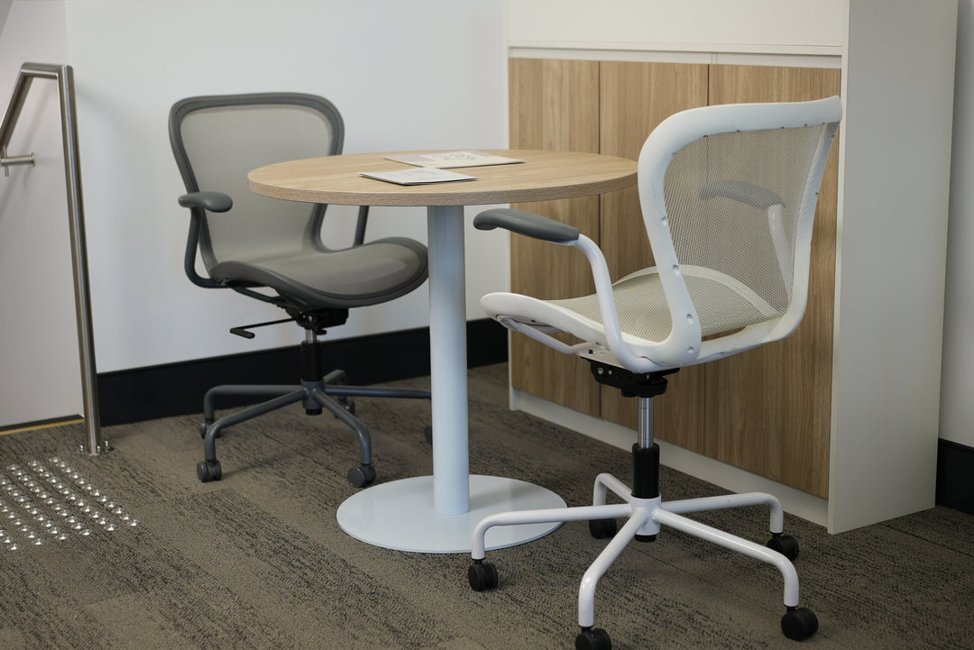 Round Oak Plywood Cafe Table with White Metal Base