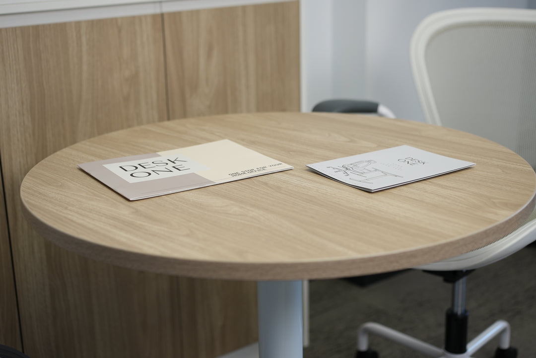 Round Oak Plywood Cafe Table with White Metal Base