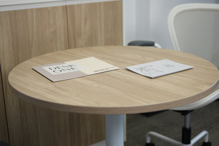 Round Oak Plywood Cafe Table with White Metal Base