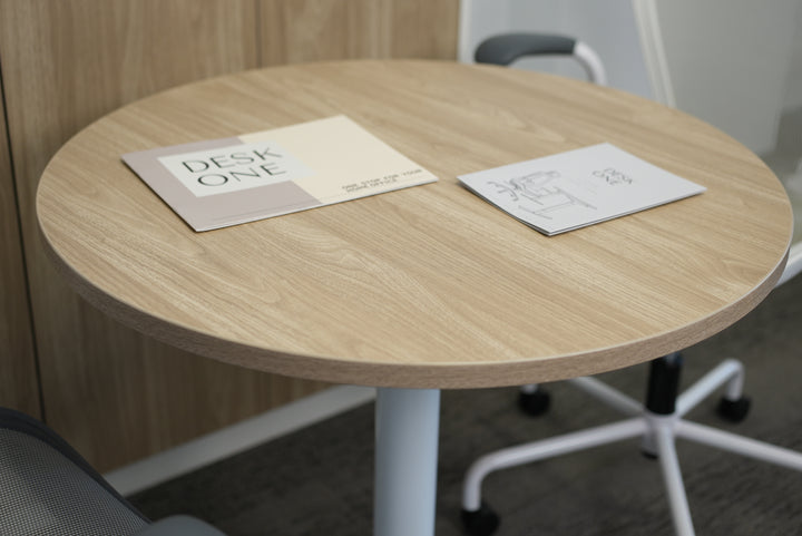 Round Oak Plywood Cafe Table with White Metal Base