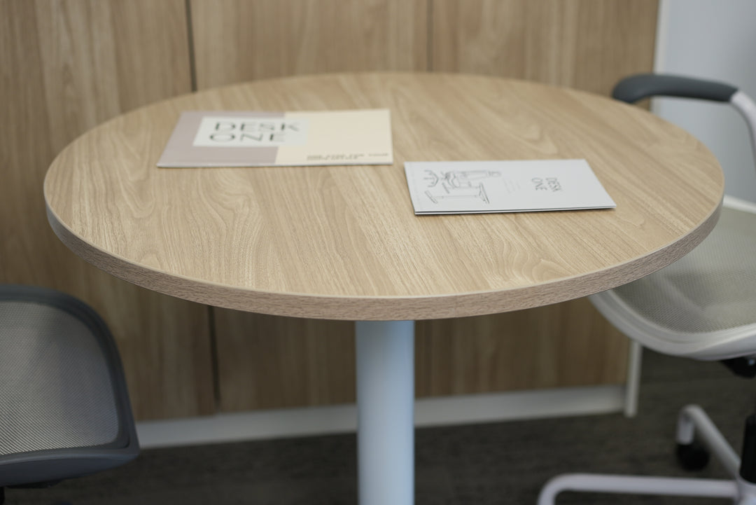 Round Oak Plywood Cafe Table with White Metal Base